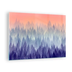 Quadro su vetro - Misteriosa foresta di conifere nelle tonalità pastello del mattino - 70x50cm - Alto, più in alto, fino al cielo - Decorazione murale moderna per soggiorno e camera da letto ARTTOR