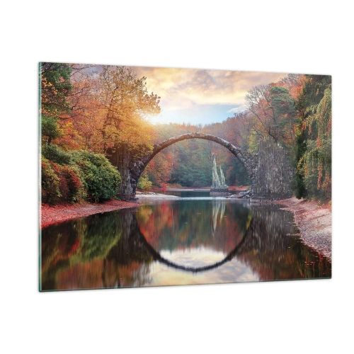 Quadro su vetro - Un ponte di pietra riflesso in un lago in mezzo a una foresta autunnale - 120x80cm - Dall'altro lato dello specchio - Decorazione murale moderna per soggiorno e camera da letto ARTTOR
