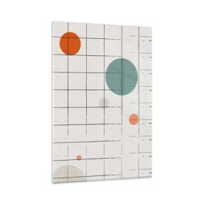 Quadro su vetro - Cerchi colorati astratti su uno sfondo a griglia geometrica - 80x120cm - Prigionieri. Noi o loro? - Decorazione murale moderna per soggiorno e camera da letto ARTTOR