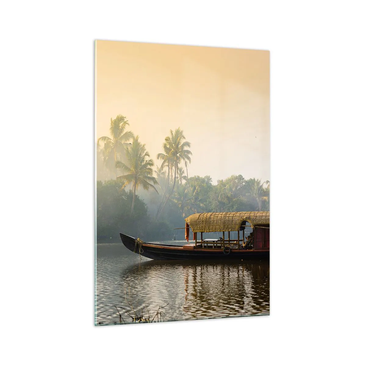 Quadro su vetro - Una barca tradizionale su un fiume calmo tra le palme - 70x100cm - Casa sul fiume - Decorazione murale moderna per soggiorno e camera da letto ARTTOR