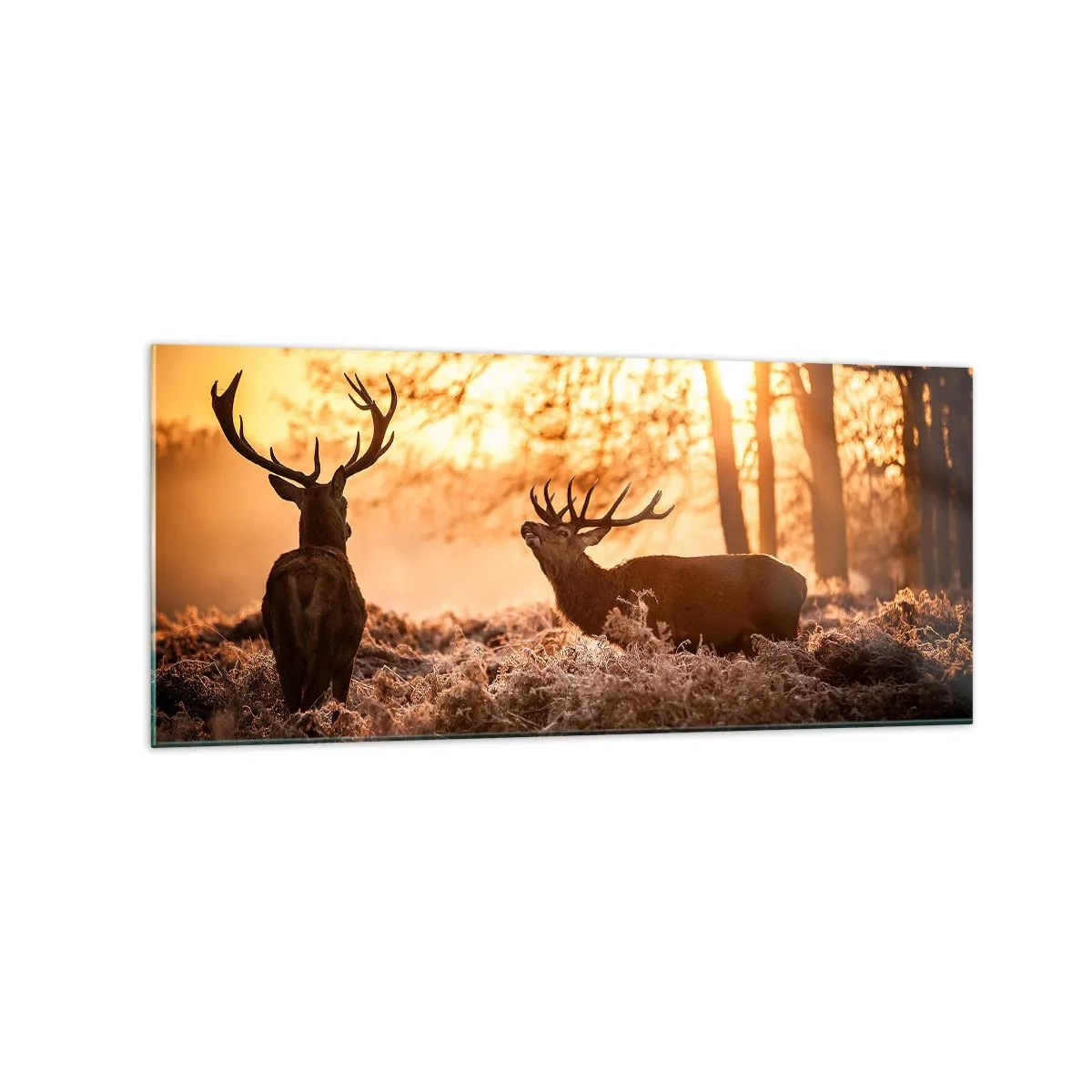 Quadro su vetro - Due cervi al tramonto in un paesaggio invernale - 120x50cm - Il sogno del cacciatore - Decorazione murale moderna per soggiorno e camera da letto ARTTOR