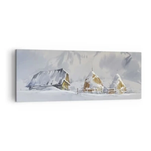Quadro su tela - Stampe su Tela - Paesaggio invernale con una casetta e pagliai in montagna - 140x50cm - Nella valle innevata - Decorazione murale moderna per soggiorno e camera da letto ARTTOR