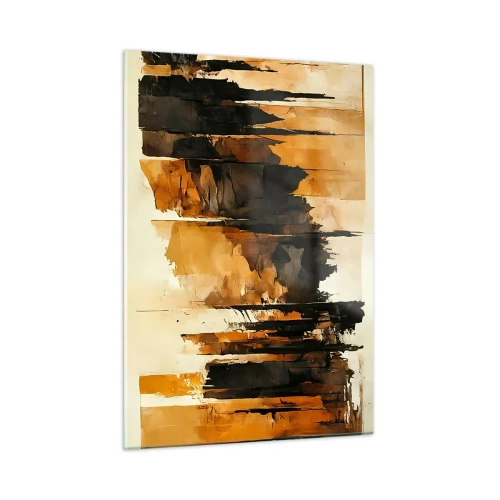 Quadro su vetro - Astrazione marrone-dorata con strutture verticali - 50x70cm - Armonia di nero e oro - Decorazione murale moderna per soggiorno e camera da letto ARTTOR