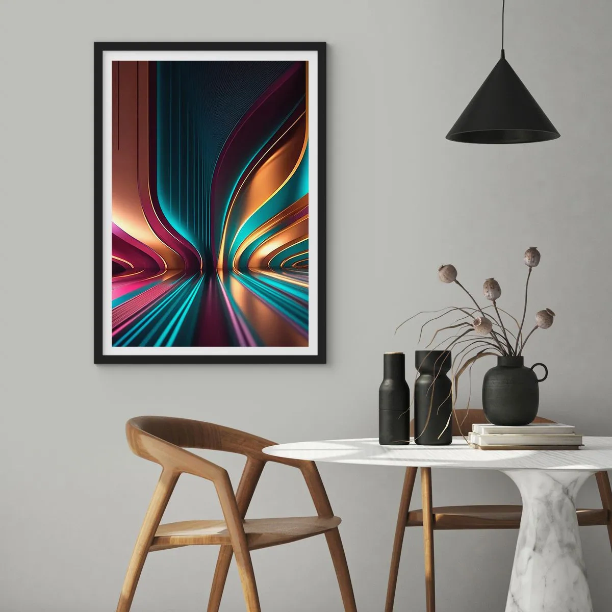 Poster in cornice nera - Astrazione futuristica nei colori oro e turchese - 50x70cm - Architettura di luce - Decorazione murale moderna per soggiorno e camera da letto ARTTOR