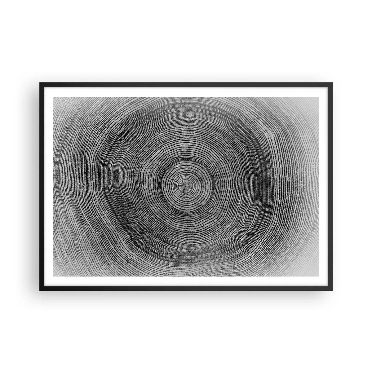 Poster in cornice nera - Modello di anelli di un albero in bianco e nero che mostra una sezione trasversale del tronco - 100x70cm - I segni del tempo - Decorazione murale moderna per soggiorno e camera da letto ARTTOR
