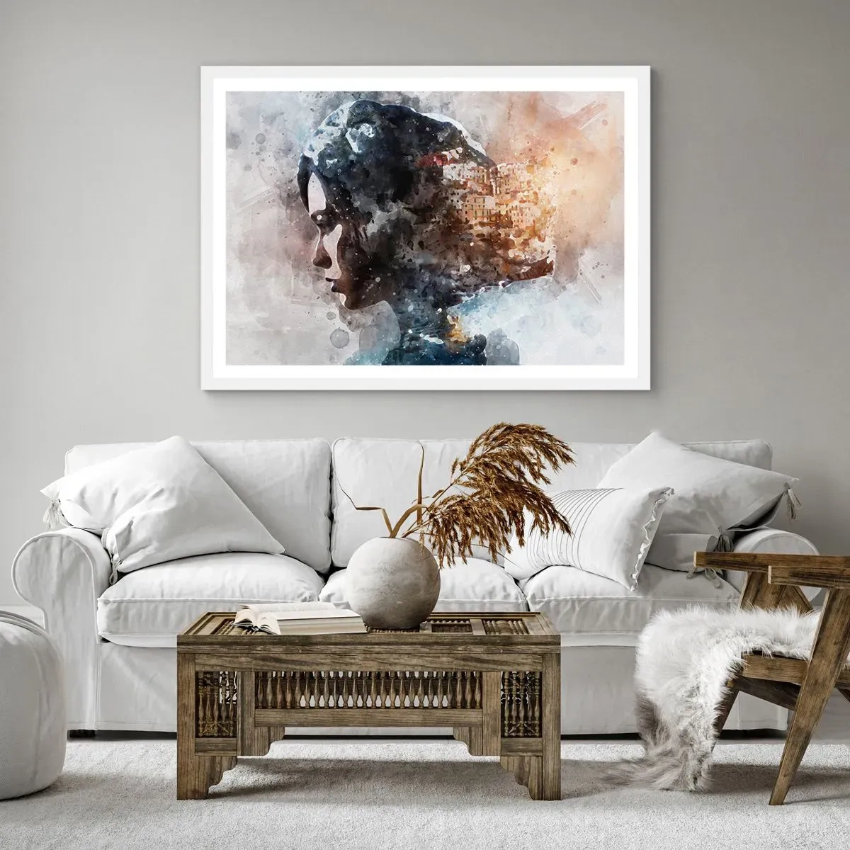 Poster in cornice bianca - Racconto su una ragazza con città sullo sfondo - 91x61 cm