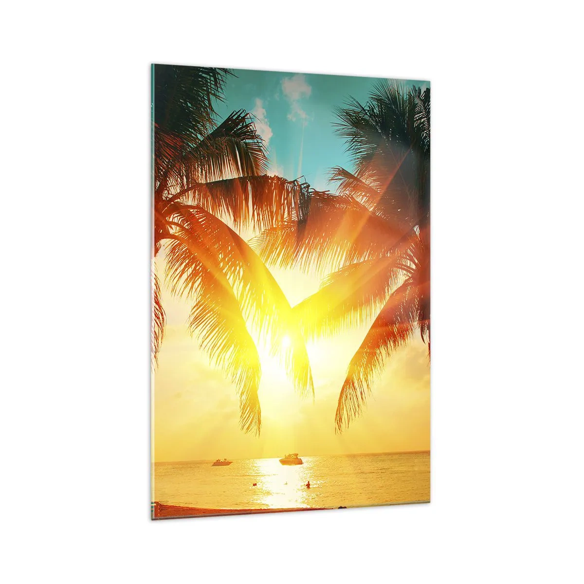 Quadro su vetro - Palme illuminate dalla calda luce del sole al tramonto - 70x100cm - Coppia esotica - Decorazione murale moderna per soggiorno e camera da letto ARTTOR