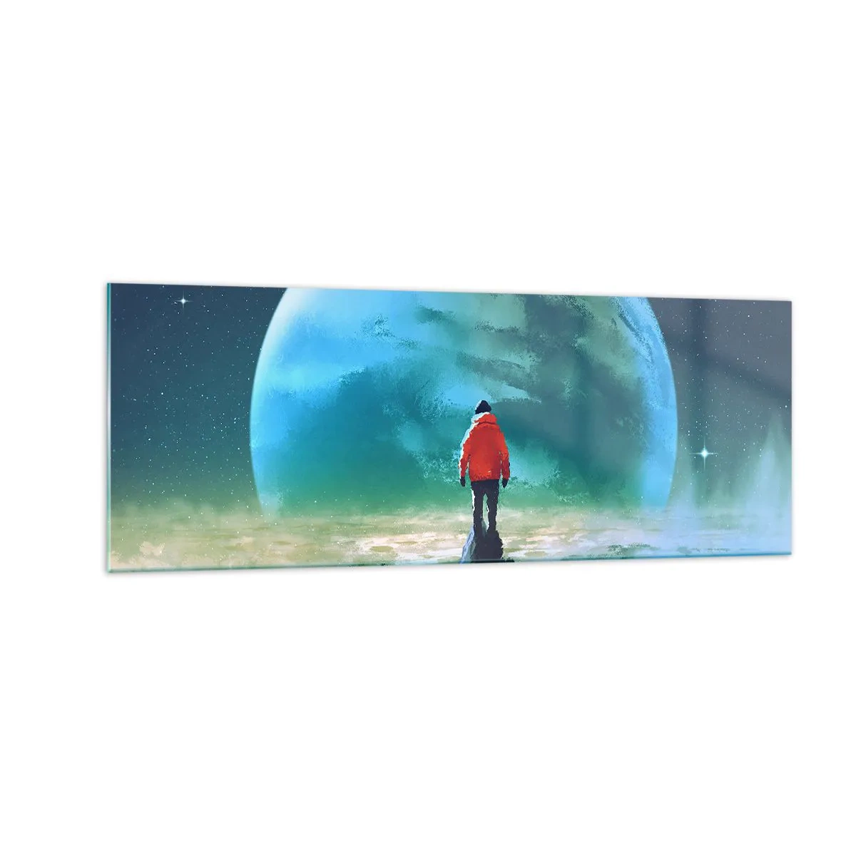 Quadro su vetro - Un uomo con una giacca rossa in piedi davanti a un grande pianeta con le stelle sullo sfondo. - 140x50cm - Scopritore di una nuova terra - Decorazione murale moderna per soggiorno e camera da letto ARTTOR