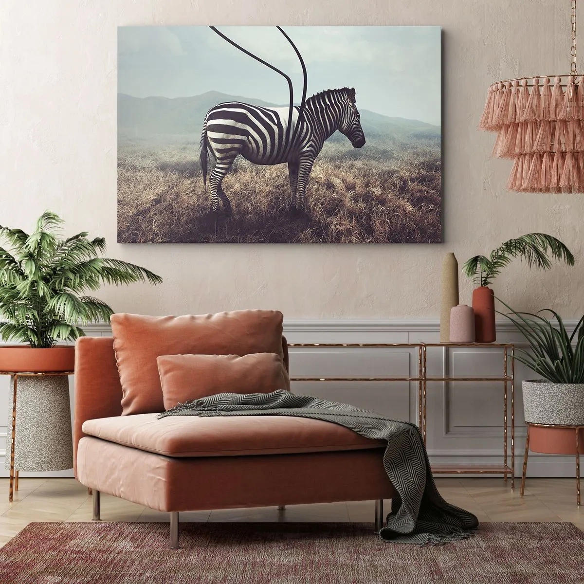 Quadro su tela - Stampe su Tela - Una zebra surreale contro un paesaggio erboso - 120x80cm - Attenzione! Difetto - Decorazione murale moderna per soggiorno e camera da letto ARTTOR