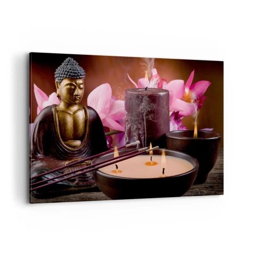 Quadro su tela - Stampe su Tela - Statuetta di Buddha con candele accese e bastoncini di incenso - 100x70cm - Purificare la mente, calmare il corpo - Decorazione murale moderna per soggiorno e camera da letto ARTTOR