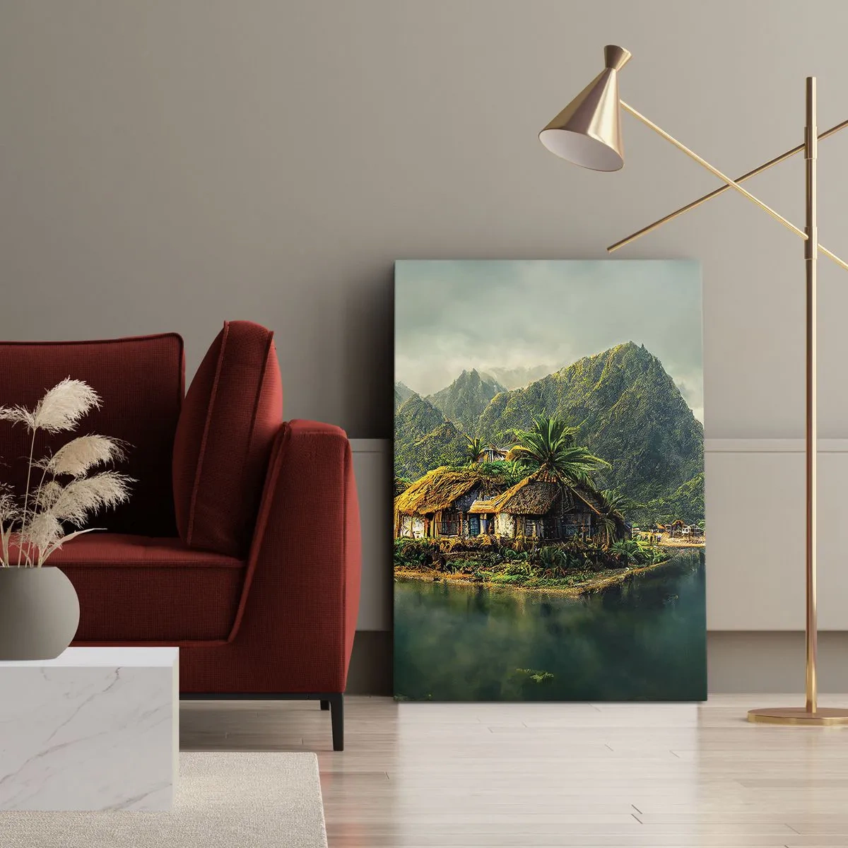 Quadro su tela - Stampe su Tela - Un'isola tropicale con palme e montagne sullo sfondo - 70x100cm - Paradiso tropicale - Decorazione murale moderna per soggiorno e camera da letto ARTTOR
