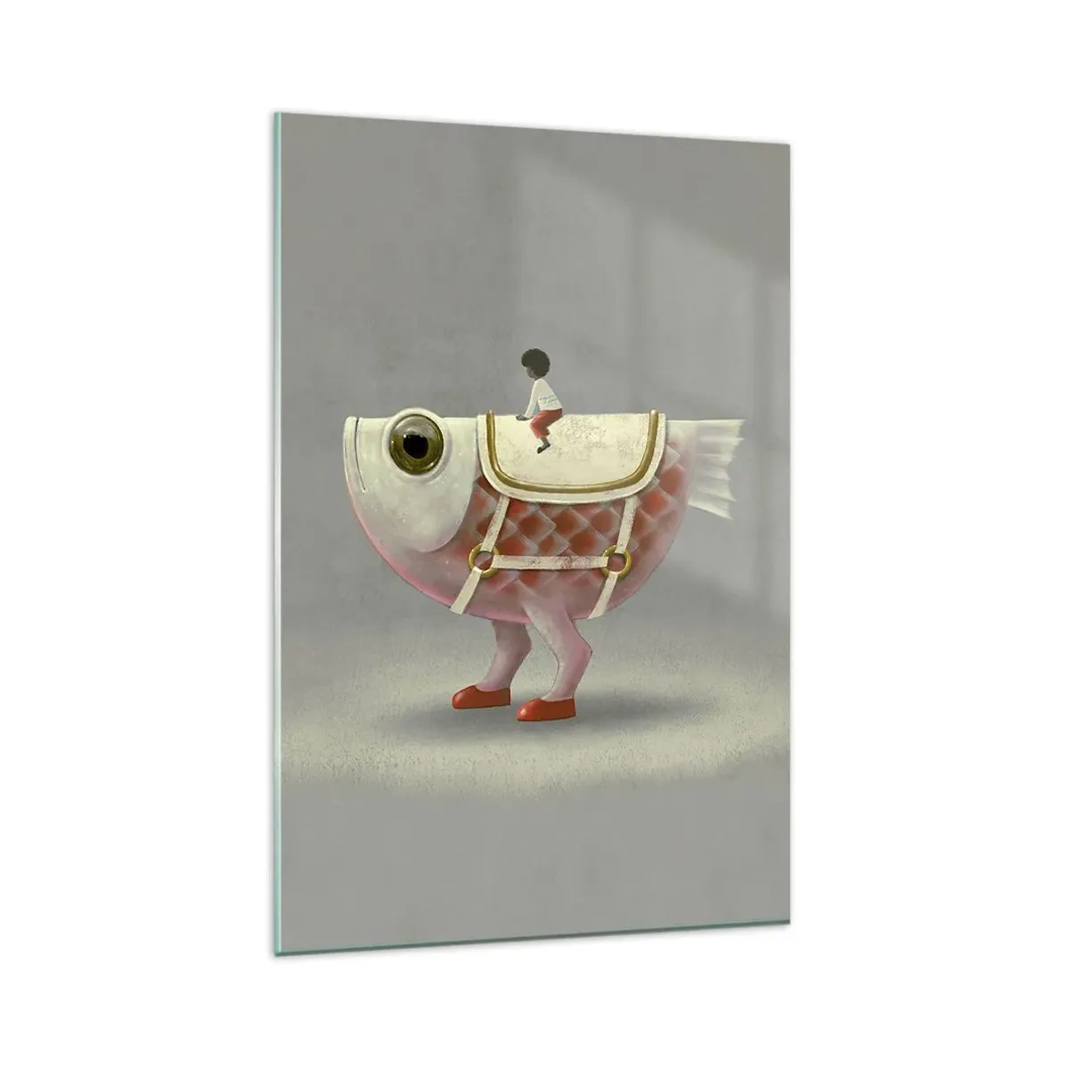 Quadro su vetro - Un fantasioso cavaliere di pesce con gambe e sella - 80x120cm - Il cavaliere del pesce - Decorazione murale moderna per soggiorno e camera da letto ARTTOR