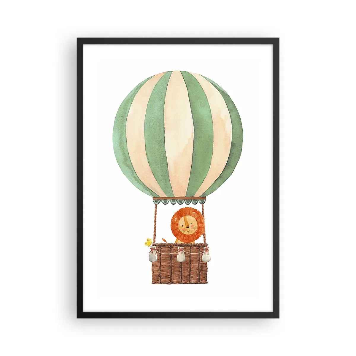 Poster in cornice nera - Una bella illustrazione ad acquerello di un leone che viaggia in mongolfiera su sfondo bianco. - 50x70cm - I viaggi del leone - Decorazione murale moderna per soggiorno e camera da letto ARTTOR