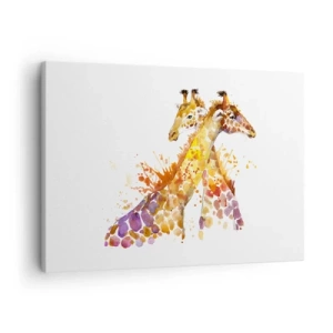 Quadro su tela - Stampe su Tela - Giraffe acquerellate in tonalità colorate - 70x50cm - È amicizia o amore? - Decorazione murale moderna per soggiorno e camera da letto ARTTOR