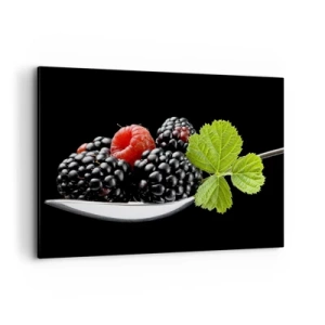 Quadro su tela - Stampe su Tela - More e lamponi su un cucchiaio con una foglia su uno sfondo nero - 100x70cm - I sapori della freschezza - Decorazione murale moderna per soggiorno e camera da letto ARTTOR