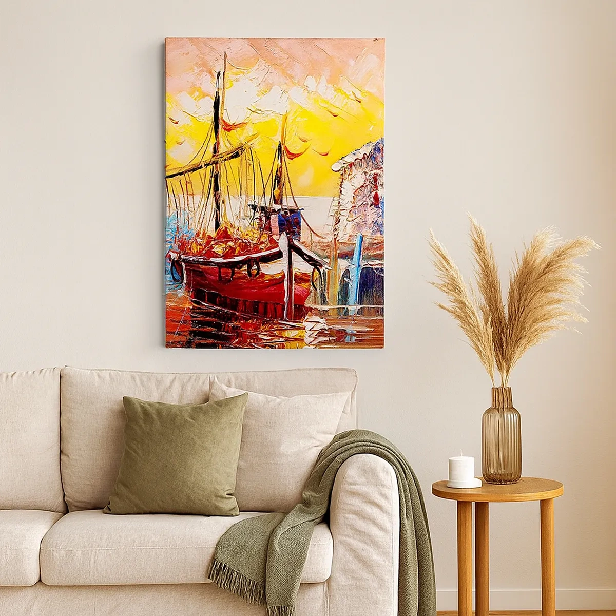 Quadro su tela - Stampe su Tela - Pittoresco porto al tramonto con barche da pesca - 50x70cm - Ritorno felice - Decorazione murale moderna per soggiorno e camera da letto ARTTOR