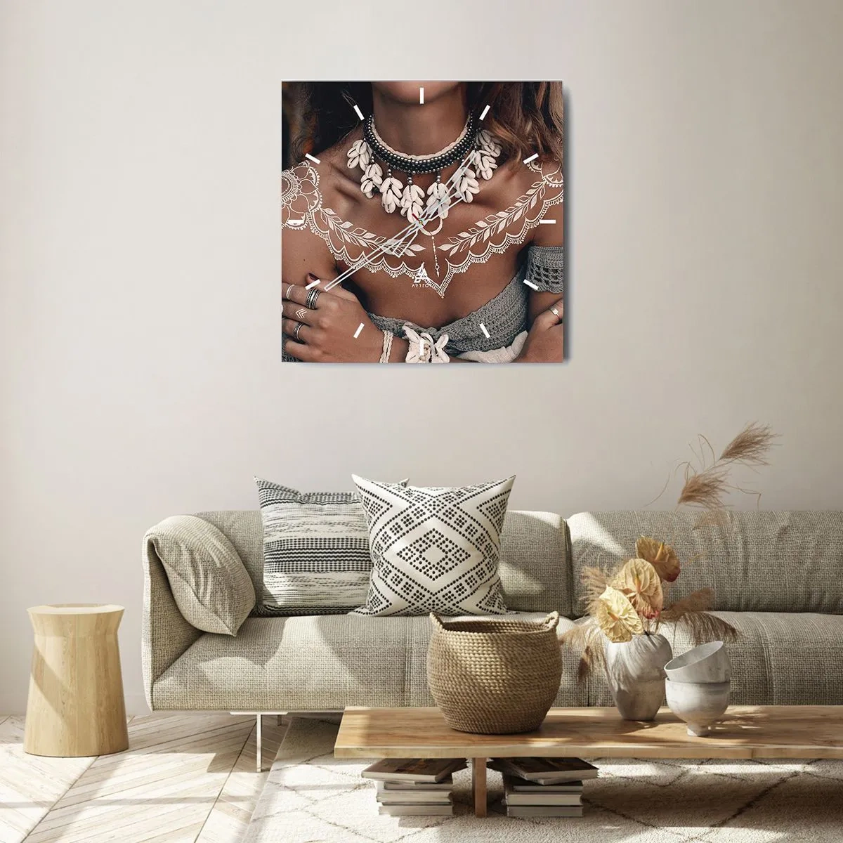 Orologio da parete - Orologio in Vetro - Stile boho con gioielli di conchiglie e motivo in pizzo - 30x30cm - Talismani, rituali di femminilità - Decorazione murale moderna per soggiorno e camera da letto ARTTOR