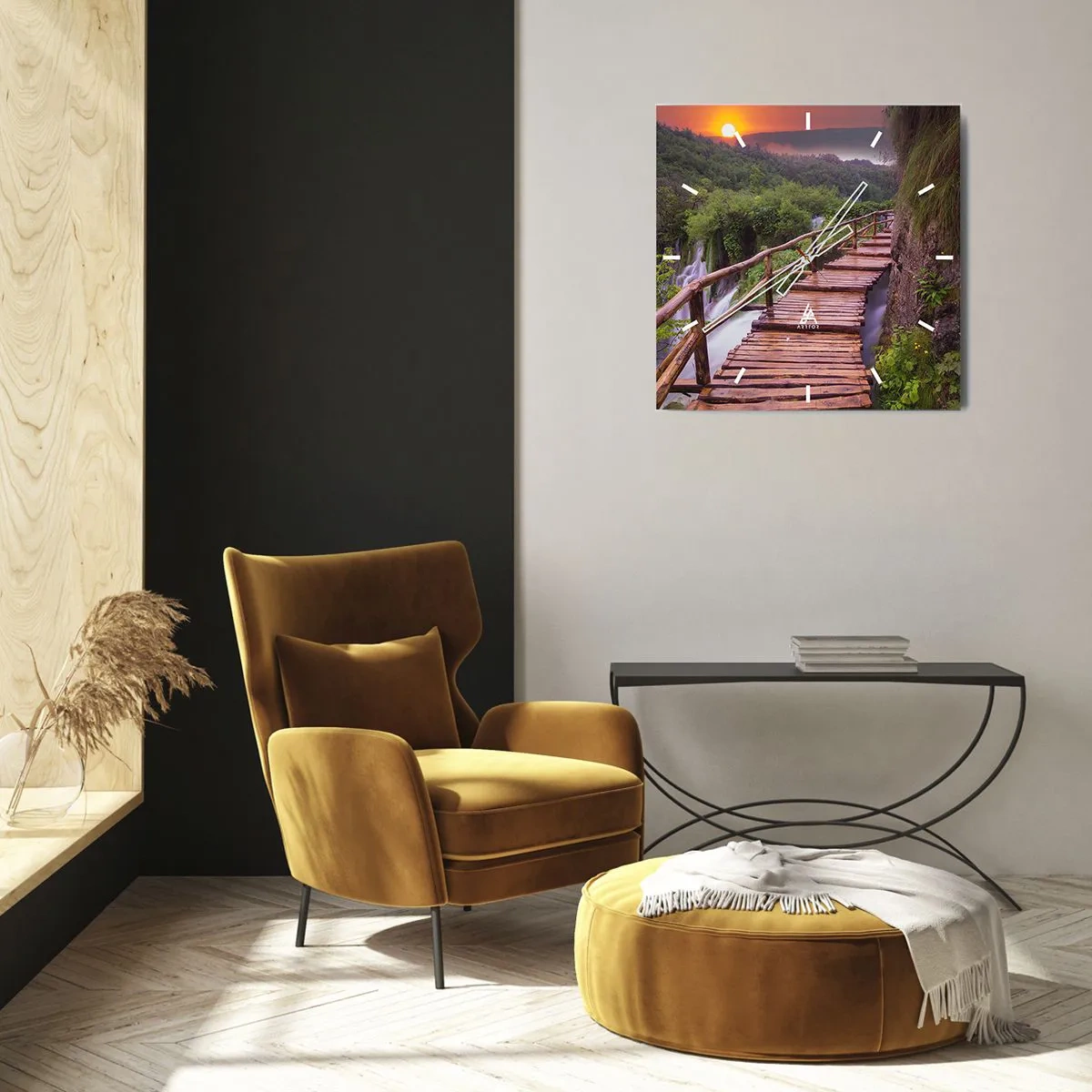 Orologio da parete - Orologio in Vetro - Un ponte che domina le cascate al tramonto - 30x30cm - Una bellezza incredibile - Decorazione murale moderna per soggiorno e camera da letto ARTTOR