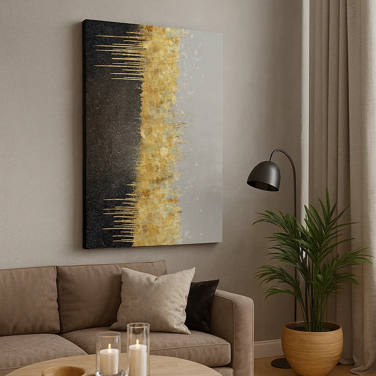 Quadro su tela - Stampe su Tela - Composizione astratta nei toni dell'oro e del nero - 50x70cm - Nel profondo e verso l'alto - Decorazione murale moderna per soggiorno e camera da letto ARTTOR