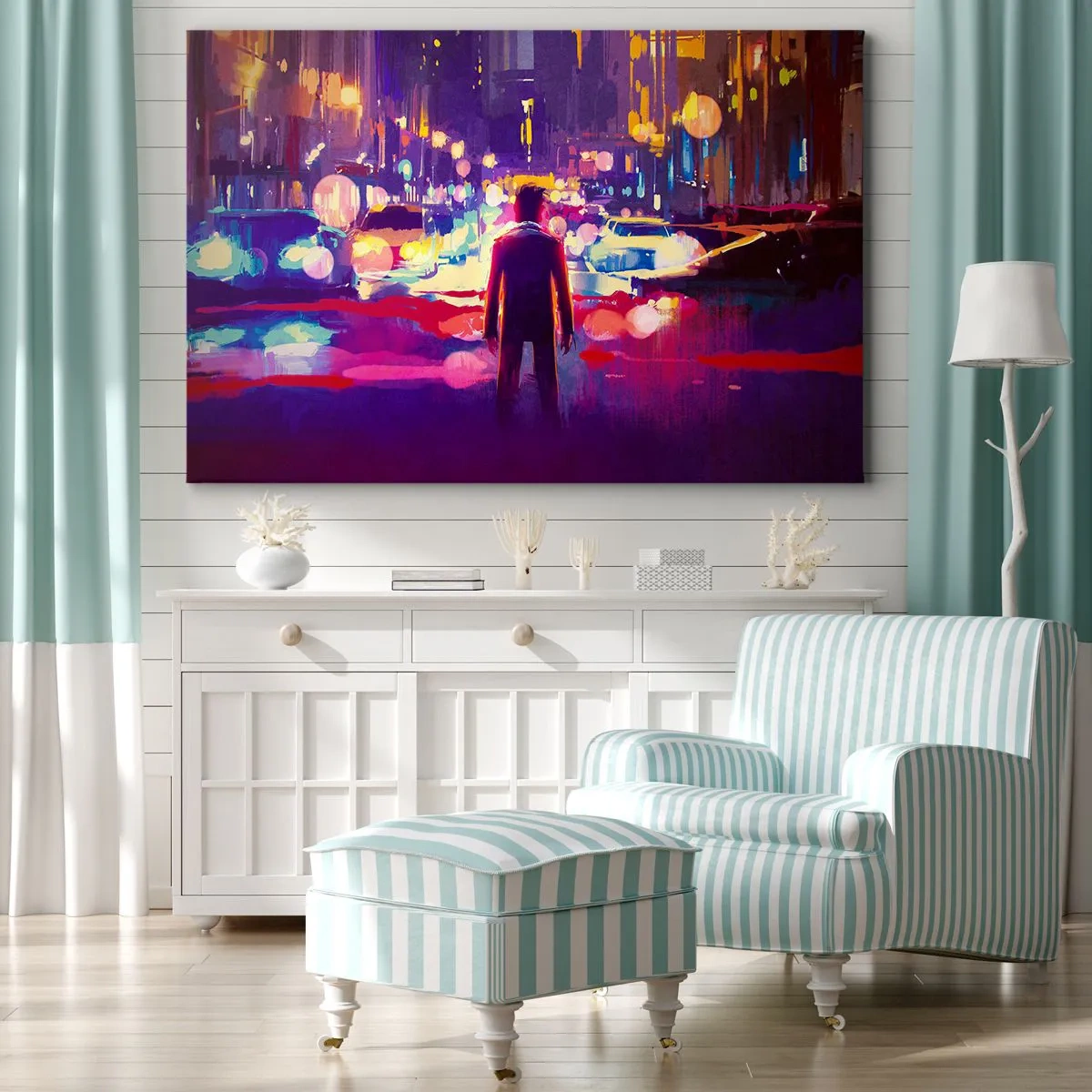 Quadro su tela - Stampe su Tela - Un uomo in una scena notturna di una città al neon - 120x80cm - Immerso nella luce - Decorazione murale moderna per soggiorno e camera da letto ARTTOR
