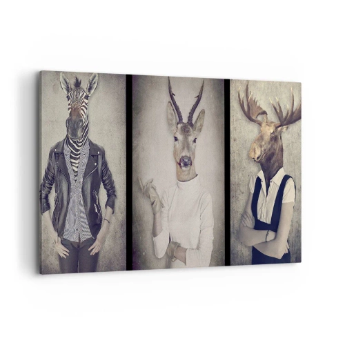 Quadro su tela - Stampe su Tela - Un trittico con figure di animali in abiti umani su uno sfondo artistico - 100x70cm - Facciamo parlare i gesti - Decorazione murale moderna per soggiorno e camera da letto ARTTOR