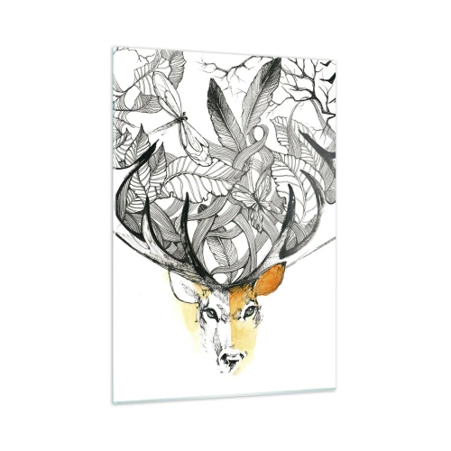 Quadro su vetro - Disegno di un cervo con corna fantasiose - 50x70cm - I corni dell'abbondanza - Decorazione murale moderna per soggiorno e camera da letto ARTTOR