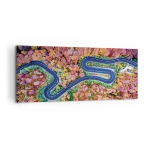 Quadro su tela - Stampe su Tela - Una strada tortuosa in una foresta autunnale vista a volo d'uccello - 120x50cm - Via tortuosa attraverso il bosco - Decorazione murale moderna per soggiorno e camera da letto ARTTOR