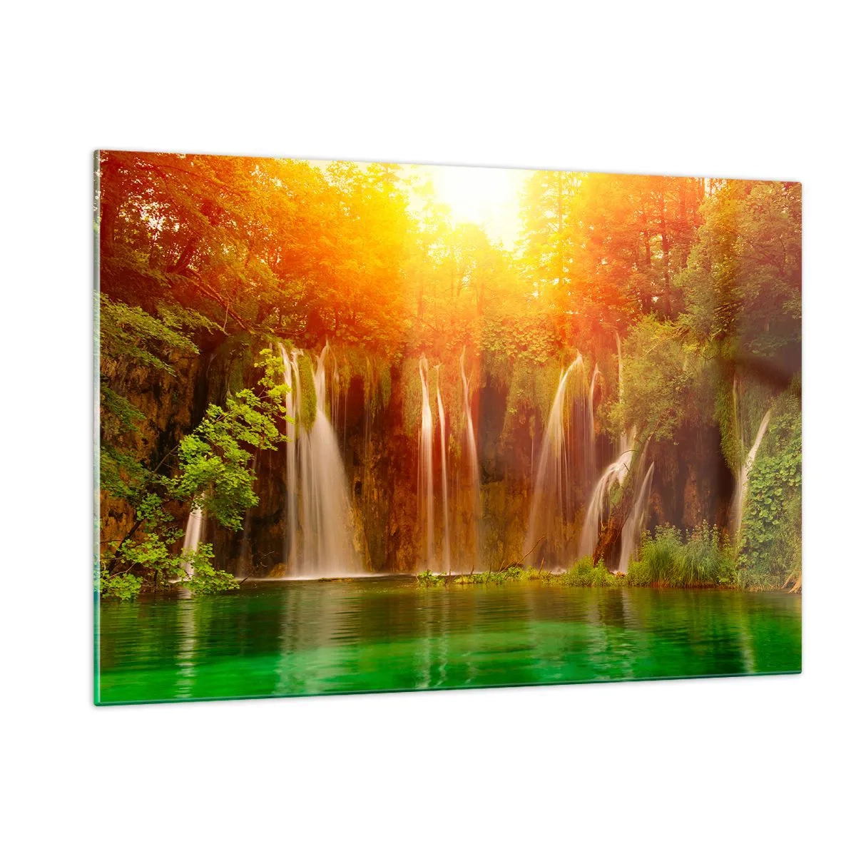 Quadro su vetro - Cascate in una foresta soleggiata con acqua turchese - 120x80cm - Al sole e all'ombra - Decorazione murale moderna per soggiorno e camera da letto ARTTOR