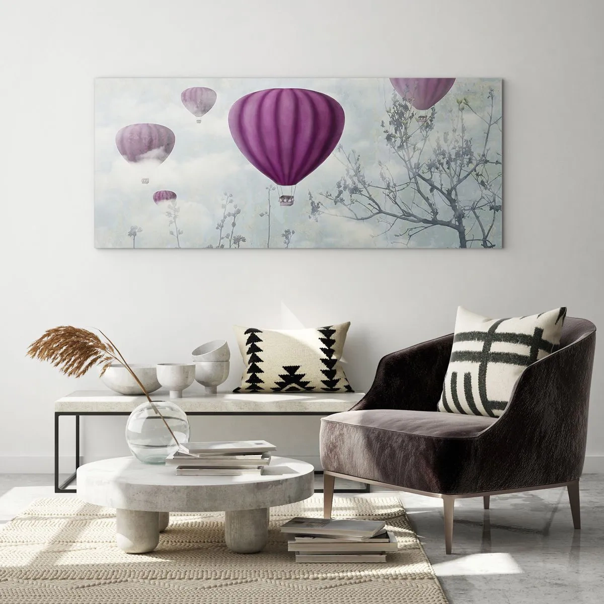 Quadro su vetro - Palloncini viola che fluttuano sopra gli alberi tra le nuvole - 120x50cm - Come navi nel cielo - Decorazione murale moderna per soggiorno e camera da letto ARTTOR