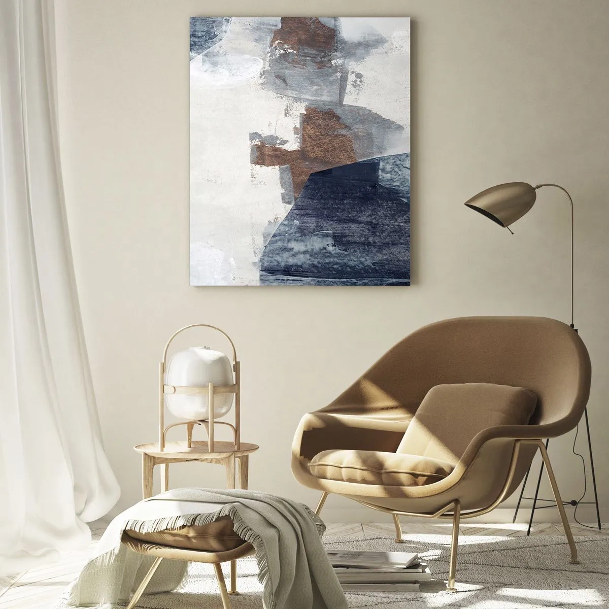 Quadro su vetro - Forme astratte nelle tonalità del blu e del marrone - 70x100cm - Forme blu e marroni - Decorazione murale moderna per soggiorno e camera da letto ARTTOR