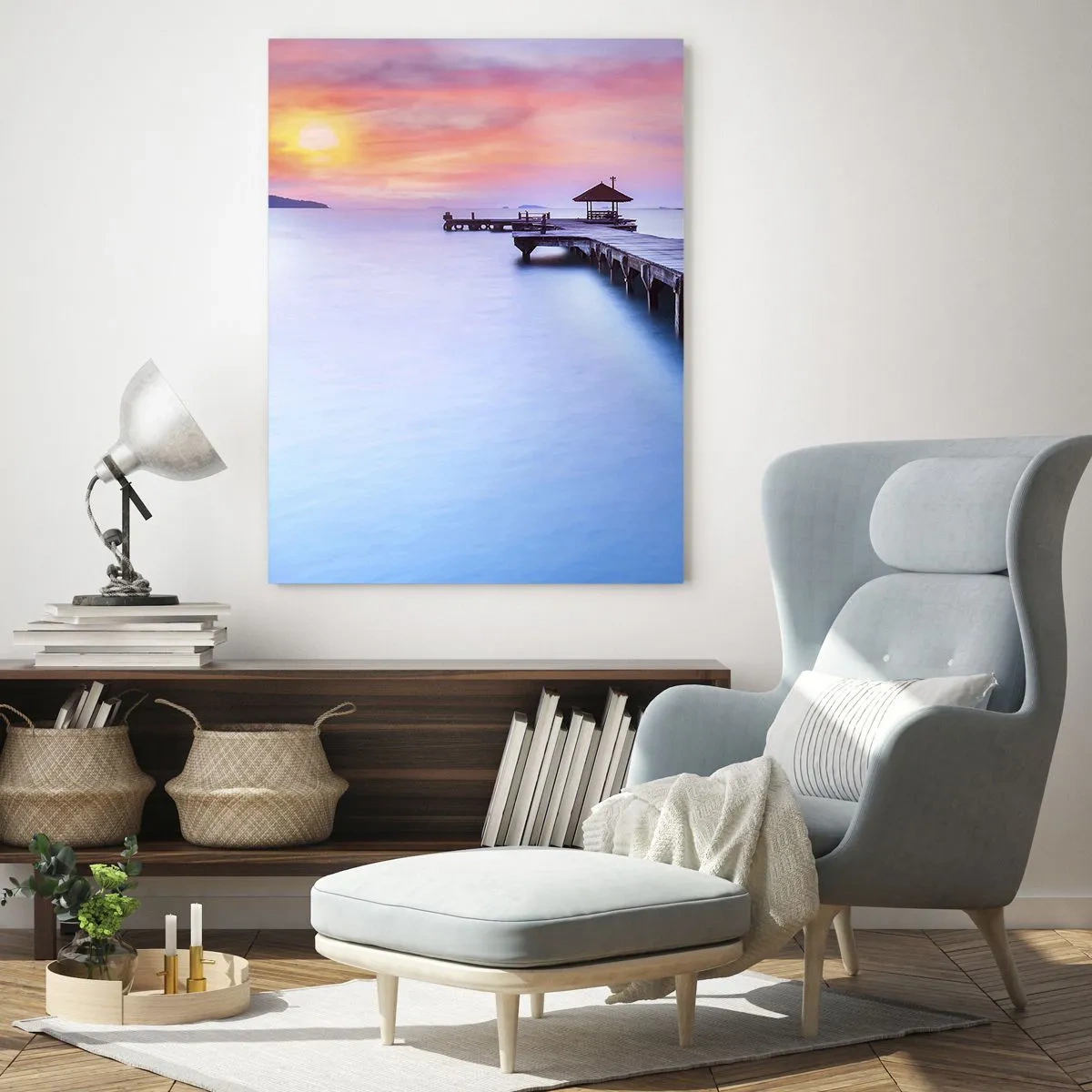 Quadro su vetro - Molo di legno che conduce all'acqua durante il tramonto - 70x100cm - Un mare di pace fino all'orizzonte - Decorazione murale moderna per soggiorno e camera da letto ARTTOR