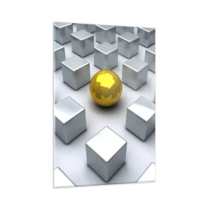 Quadro su vetro - Una sfera dorata che spicca tra i cubi d'argento - 80x120cm - Perché io? Composizione geometrica - Decorazione murale moderna per soggiorno e camera da letto ARTTOR