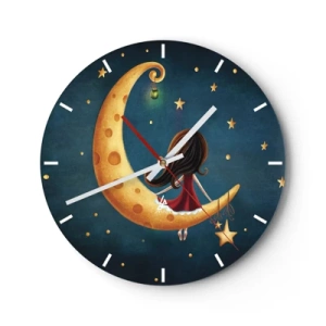 Orologio da parete - Orologio in Vetro - Una ragazza seduta sulla luna in un ambiente da favola - 30x30cm - Una volta... - Decorazione murale moderna per soggiorno, cucina e camera da letto ARTTOR