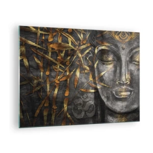 Quadro su vetro - Immagine del Buddha dorato su uno sfondo di bambù - 70x50cm - Senti la pace - Decorazione murale moderna per soggiorno e camera da letto ARTTOR