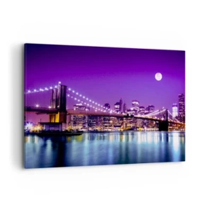 Quadro su tela - Stampe su Tela - Ponte di Brooklyn di notte con la città illuminata e la luna piena - 120x80cm - Luce della grande città in viola - Decorazione murale moderna per soggiorno e camera da letto ARTTOR