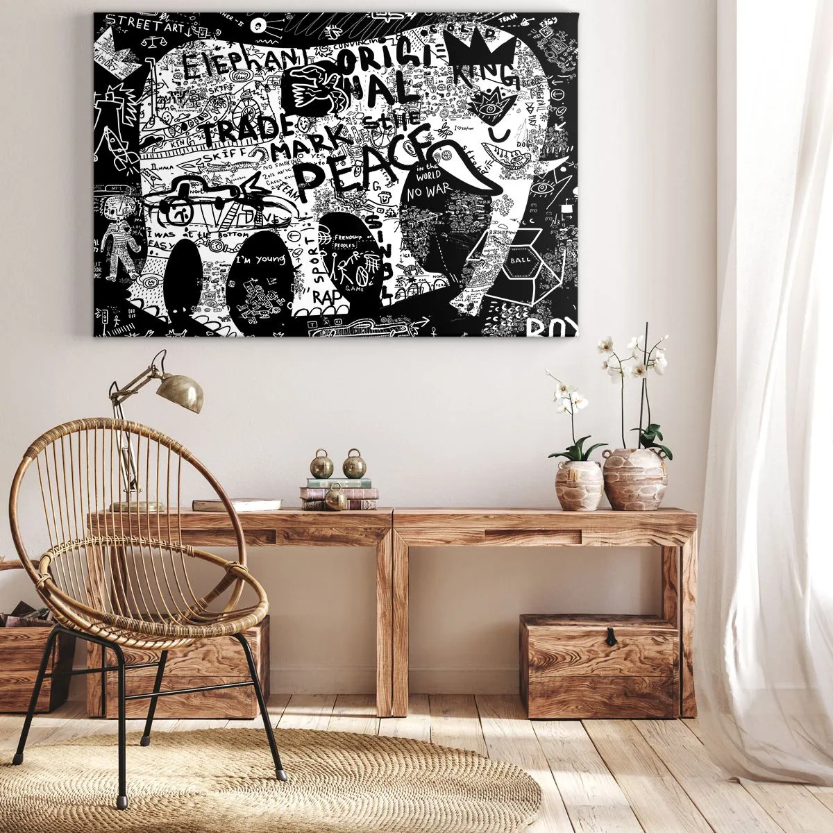 Quadro su tela - Stampe su Tela - Grafica in bianco e nero con motivi graffiti - 120x80cm - Il ricco mondo della strada - Decorazione murale moderna per soggiorno e camera da letto ARTTOR