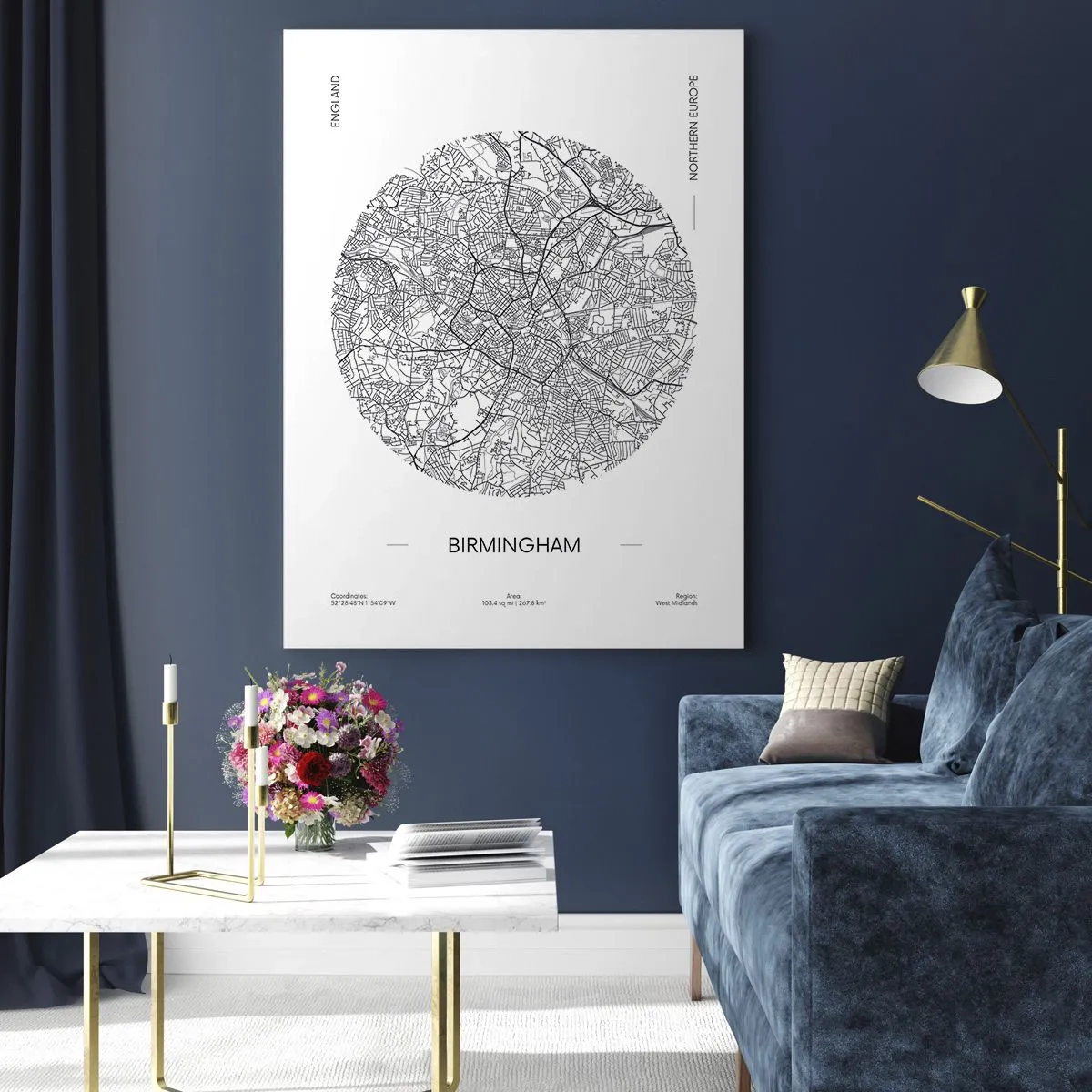 Quadro su vetro - Mappa in bianco e nero di Birmingham in uno stile grafico moderno - 50x70cm - Anatomia di Birmingham - Decorazione murale moderna per soggiorno e camera da letto ARTTOR
