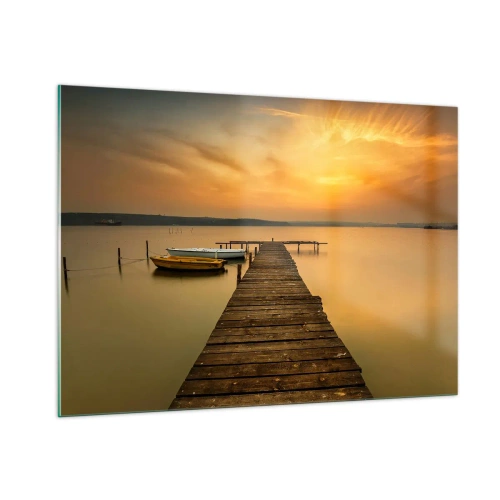 Quadro su vetro - Molo sul lago al tramonto con una barca - 100x70cm - Ti apro il cielo dorato - Decorazione murale moderna per soggiorno e camera da letto ARTTOR