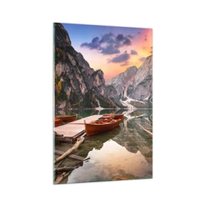 Quadro su vetro - Lago di montagna con barche al tramonto - 70x100cm - La promessa del giorno - Decorazione murale moderna per soggiorno e camera da letto ARTTOR