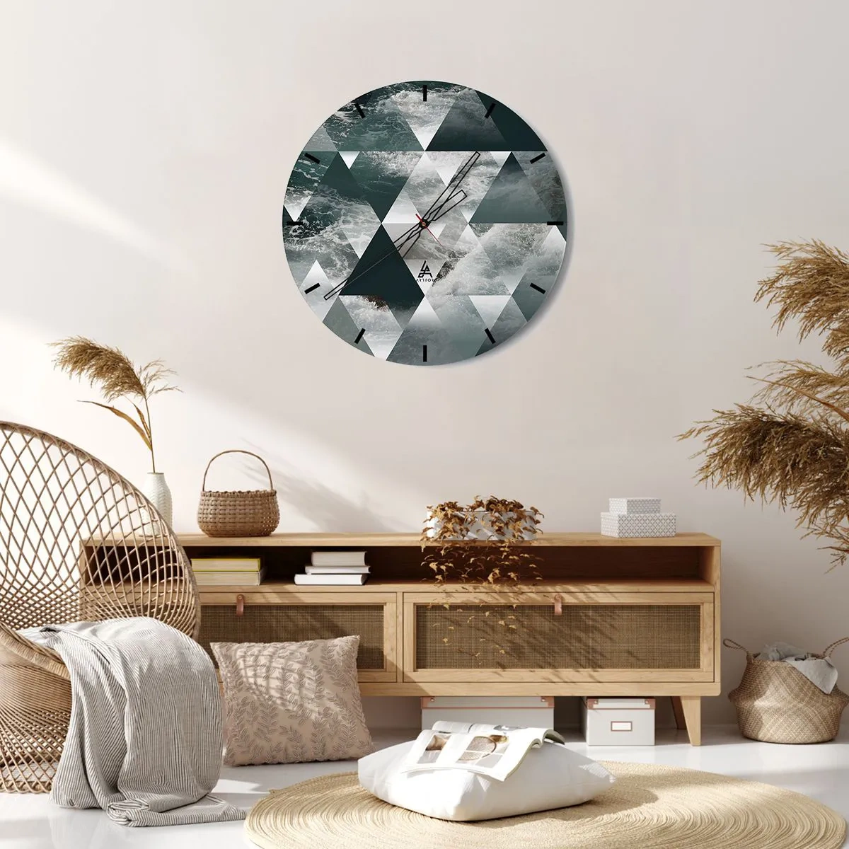Orologio da parete - Orologio in Vetro - Triangoli geometrici con motivo di oceano in tempesta - 30x30cm - Prospettiva di cristallo - Decorazione murale moderna per soggiorno, cucina e camera da letto ARTTOR