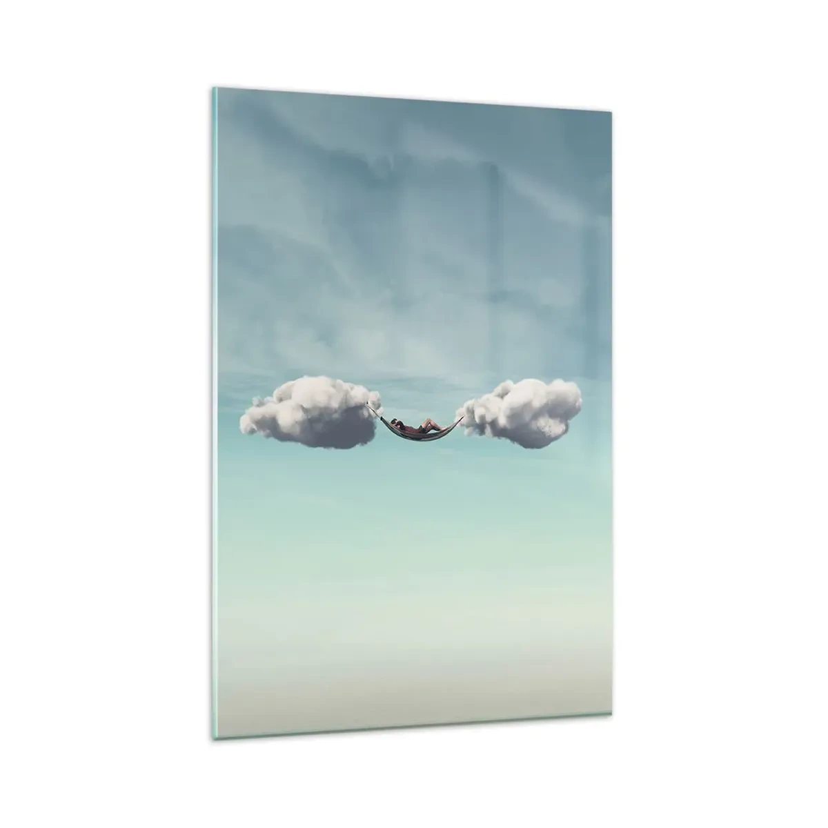 Quadro su vetro - Una persona che si rilassa su un'amaca sospesa tra le nuvole - 80x120cm - La felicità del momento - Decorazione murale moderna per soggiorno e camera da letto ARTTOR