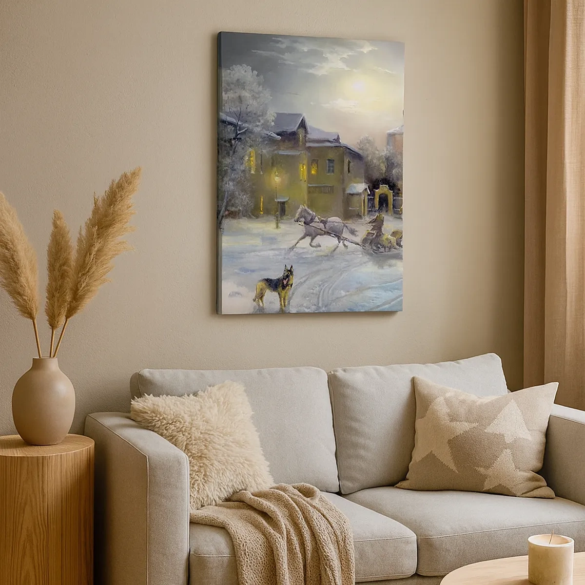 Quadro su tela - Stampe su Tela - Paesaggio invernale in una città russa con una slitta e una chiesa - 50x70cm - La magia dell'inverno russo - Decorazione murale moderna per soggiorno e camera da letto ARTTOR