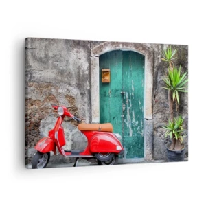 Quadro su tela - Stampe su Tela - Scooter rosso vicino alla porta verde - 70x50cm - Vacanze italiane - Decorazione murale moderna per soggiorno e camera da letto ARTTOR
