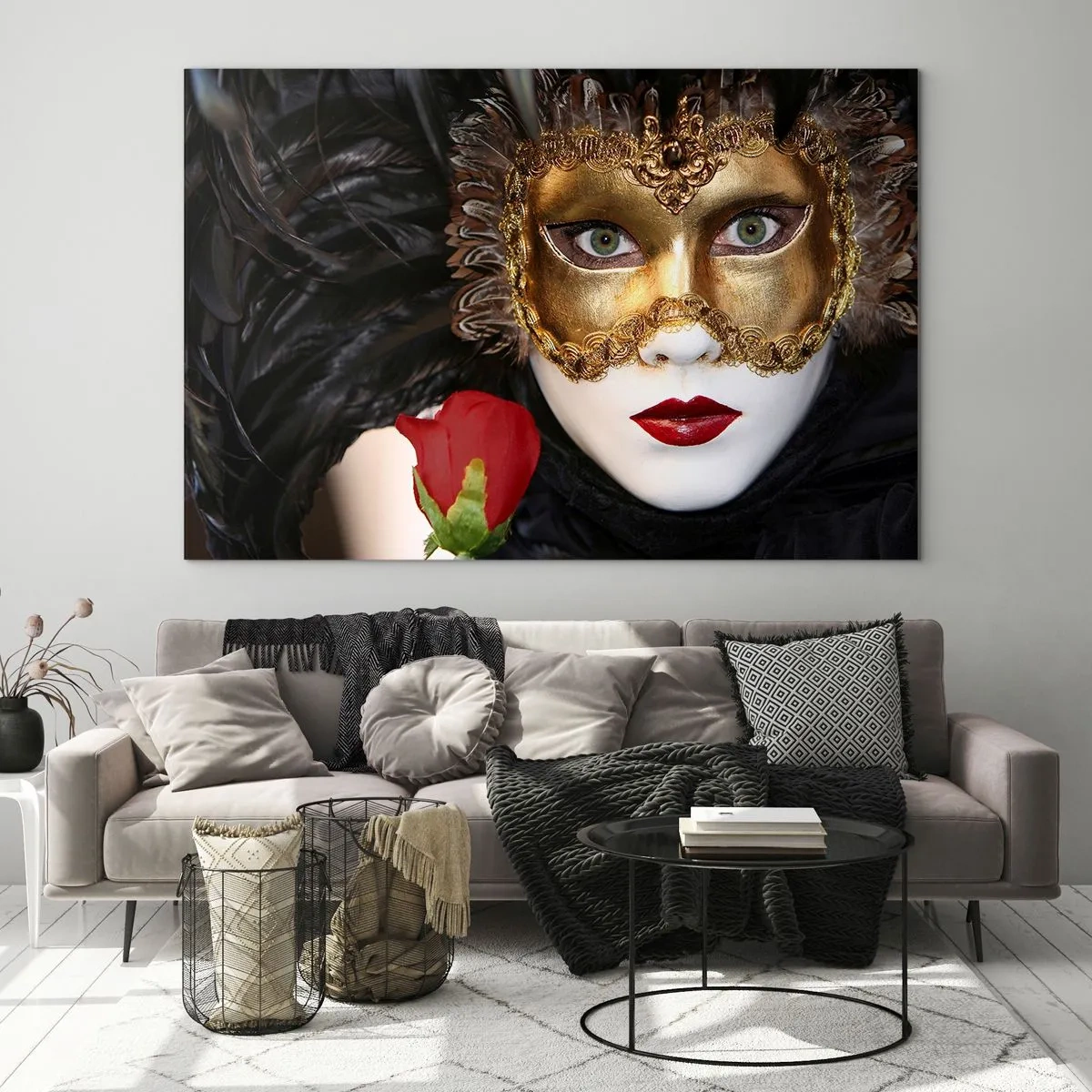 Quadro su vetro - Maschera di carnevale con una rosa rossa - 120x80cm - Perché la vita è un grande ballo - Decorazione murale moderna per soggiorno e camera da letto ARTTOR