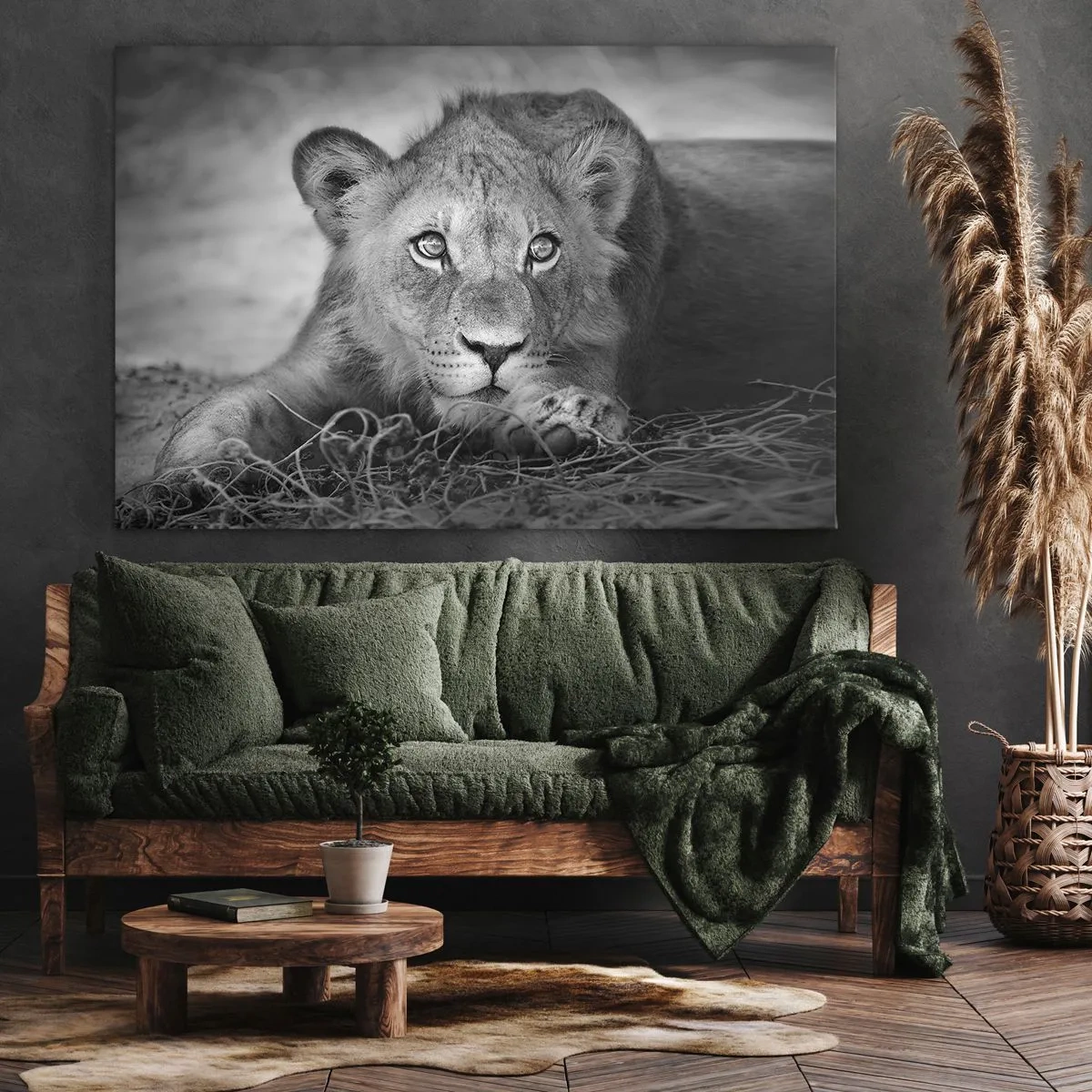 Quadro su tela - Stampe su Tela - Ritratto monocromatico di un giovane leone sdraiato - 70x50cm - Cucciolo reale - Decorazione murale moderna per soggiorno e camera da letto ARTTOR