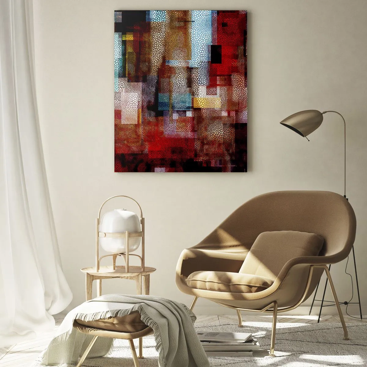 Quadro su vetro - Astrazione geometrica in intense tonalità di rosso - 80x120cm - Confusione aggrovigliata - Decorazione murale moderna per soggiorno e camera da letto ARTTOR