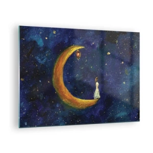 Quadro su vetro - Una figura sulla luna nel cielo notturno - 70x50cm - Il richiamo del mondo - Decorazione murale moderna per soggiorno e camera da letto ARTTOR