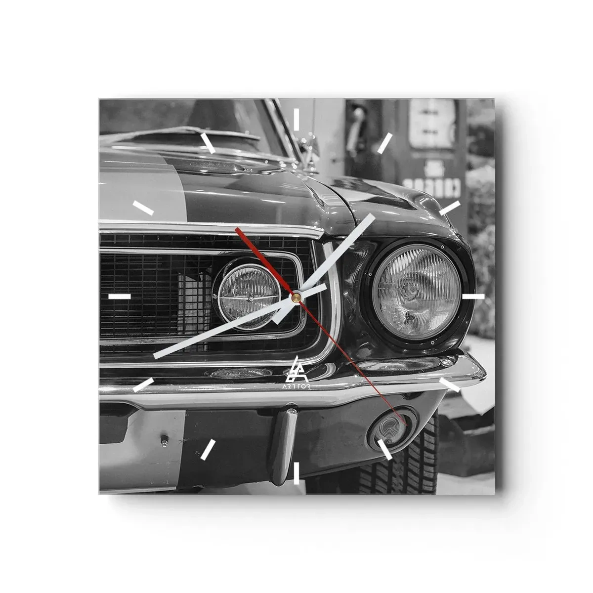 Orologio da parete - Orologio in Vetro - Cofano di un'auto classica in bianco e nero - 30x30cm - A rotta di collo - Decorazione murale moderna per soggiorno e camera da letto ARTTOR