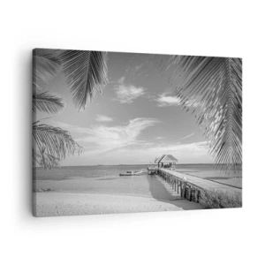 Quadro su tela - Stampe su Tela - Spiaggia bianca e nera con molo e palme su una costa tropicale - 70x50cm - Un ricordo o un sogno? - Decorazione murale moderna per soggiorno e camera da letto ARTTOR