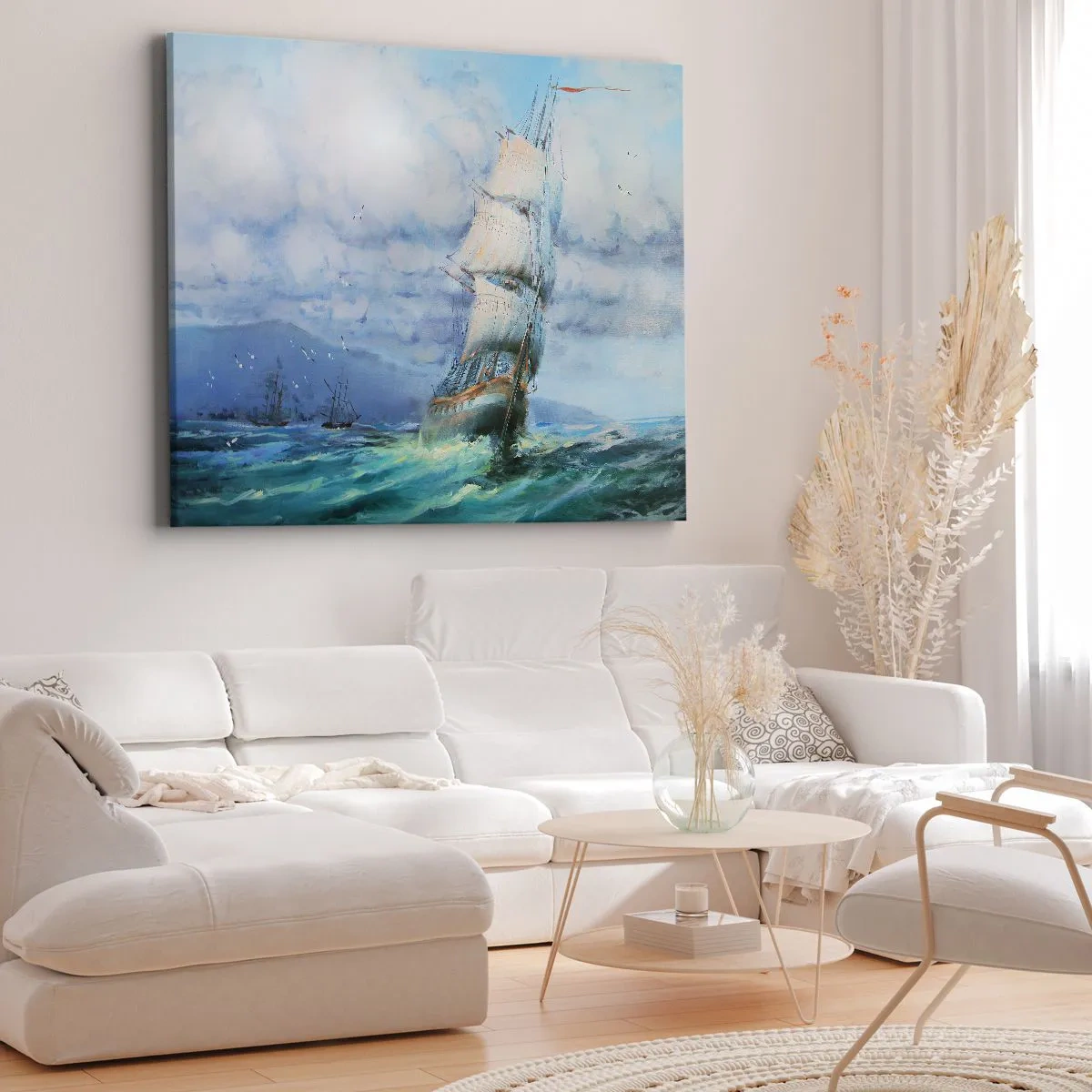 Quadro su tela - Stampe su Tela - Una nave in un mare in tempesta - 70x50cm - Con il vento in favore - Decorazione murale moderna per soggiorno e camera da letto ARTTOR